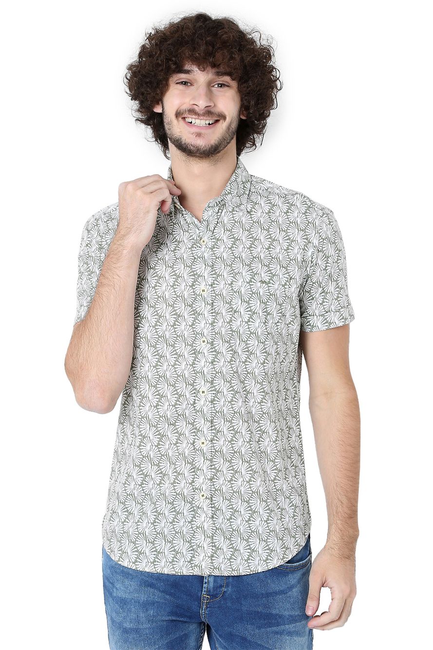 Light Olive & White Resort Print Slim Fit Casual Shirt