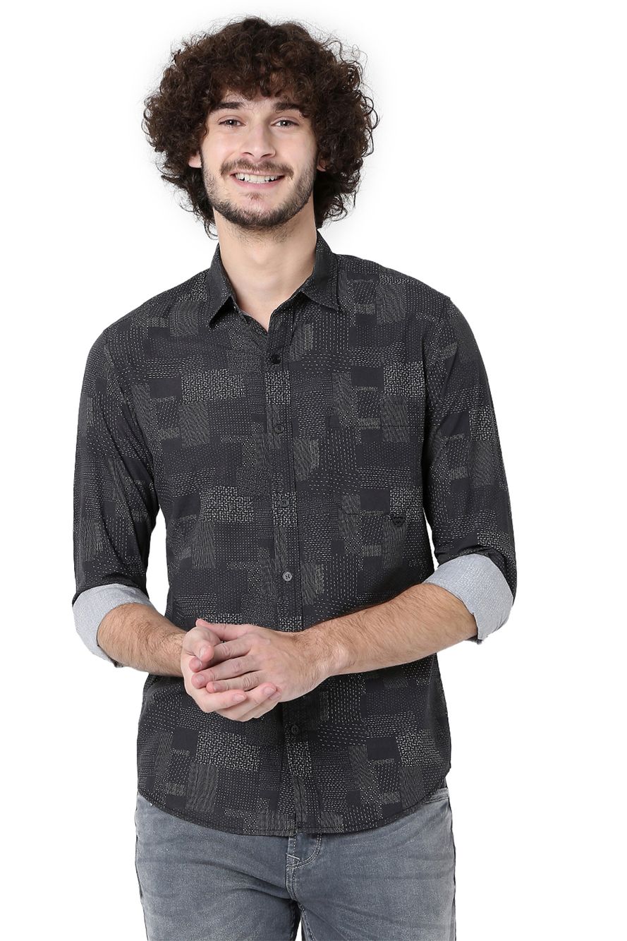 Charcoal & Light Grey Patchwork Print Slim Fit Casual Shirt