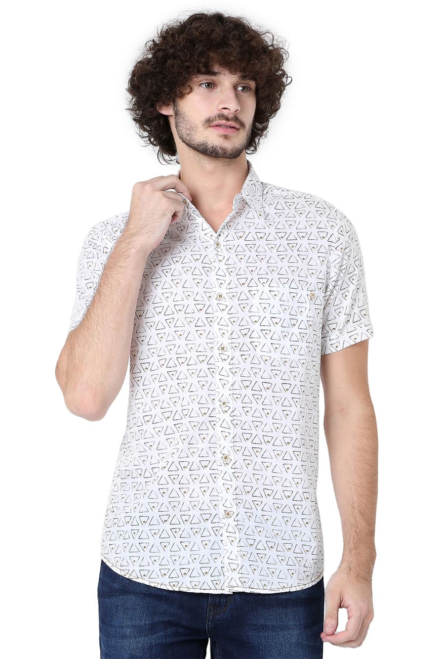 White & Mustard Geometric Print Slim Fit Casual Shirt