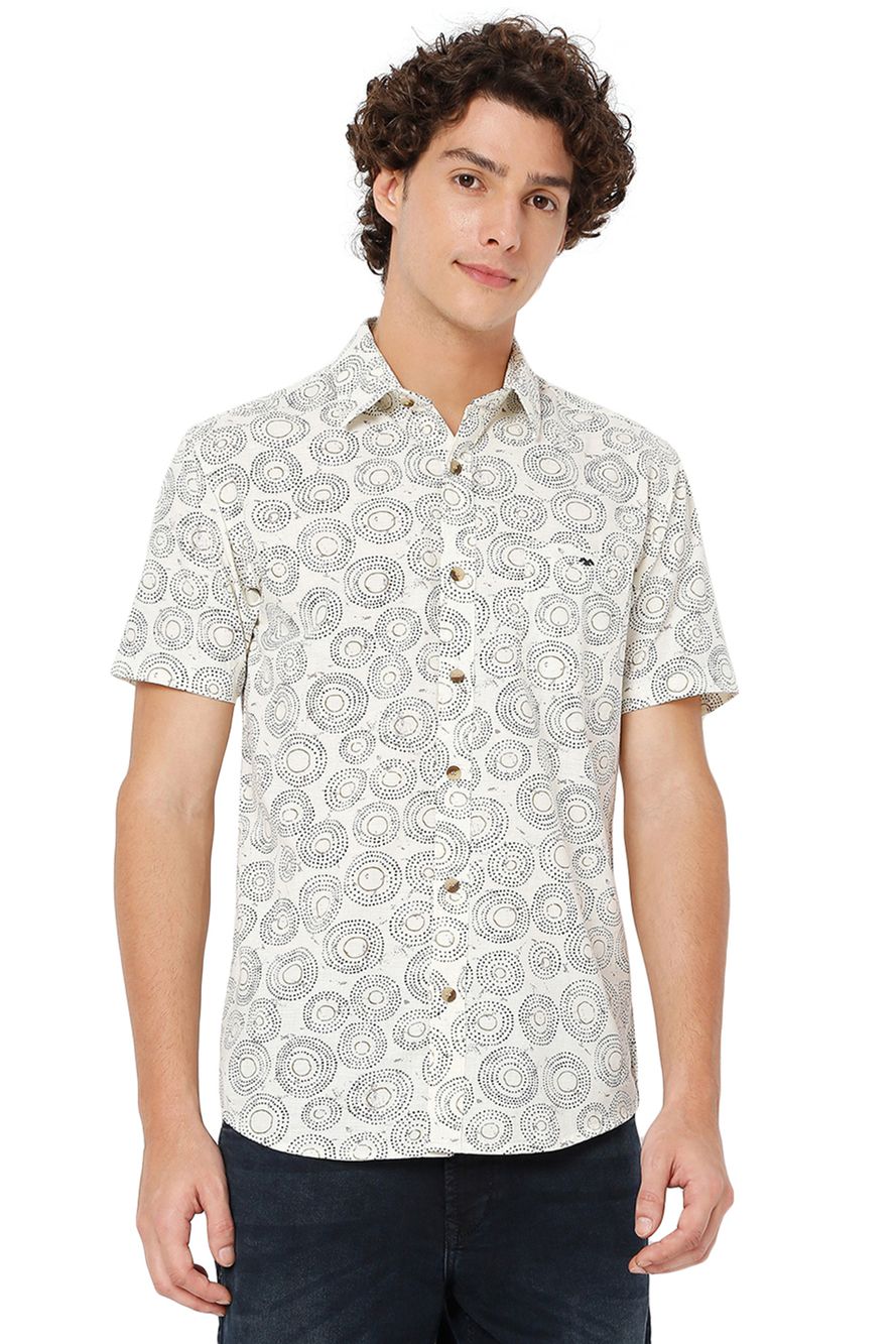 Off White & Navy Resort Print Slim Fit Casual Shirt