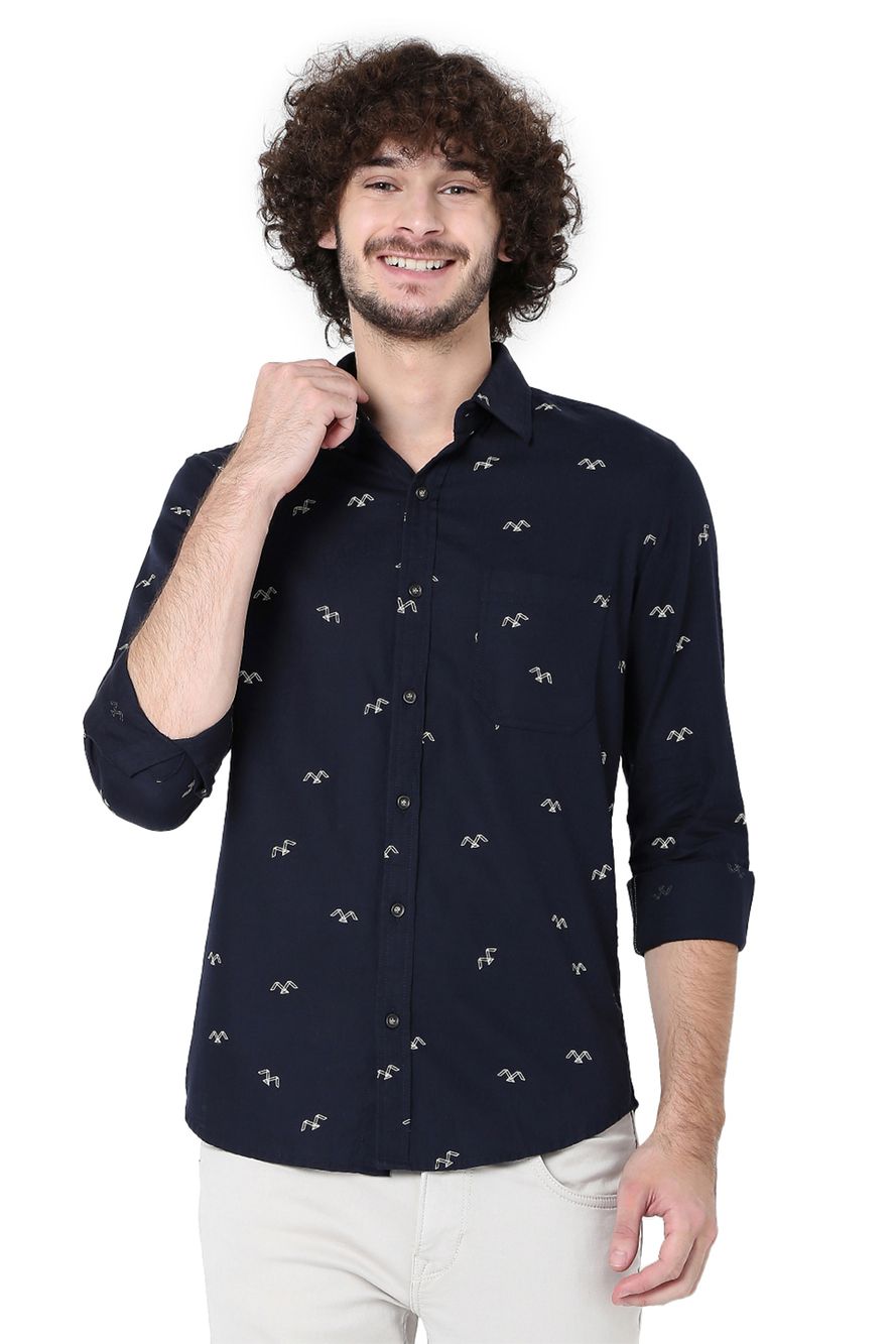 Navy & Off White Logo Print Slim Fit Casual Shirt