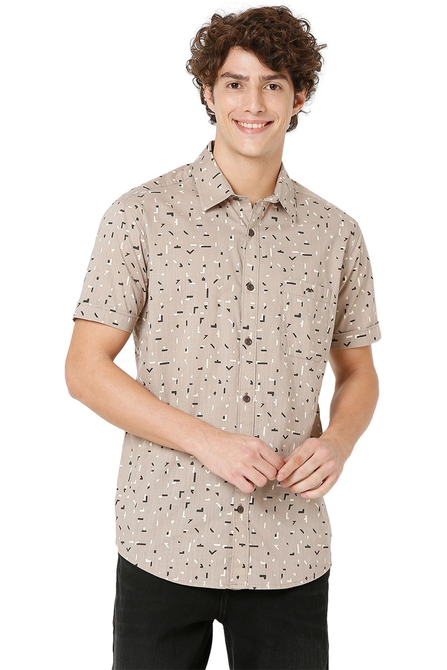 Light Khaki & Off White Abstract Print Slim Fit Casual Shirt