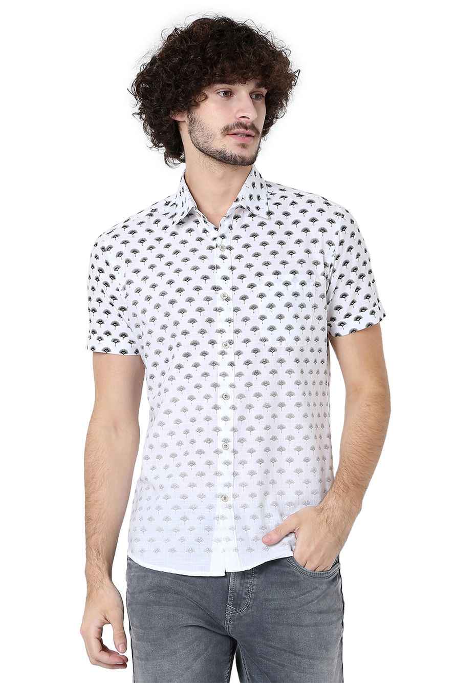 White & Black Logo Print Slim Fit Casual Shirt