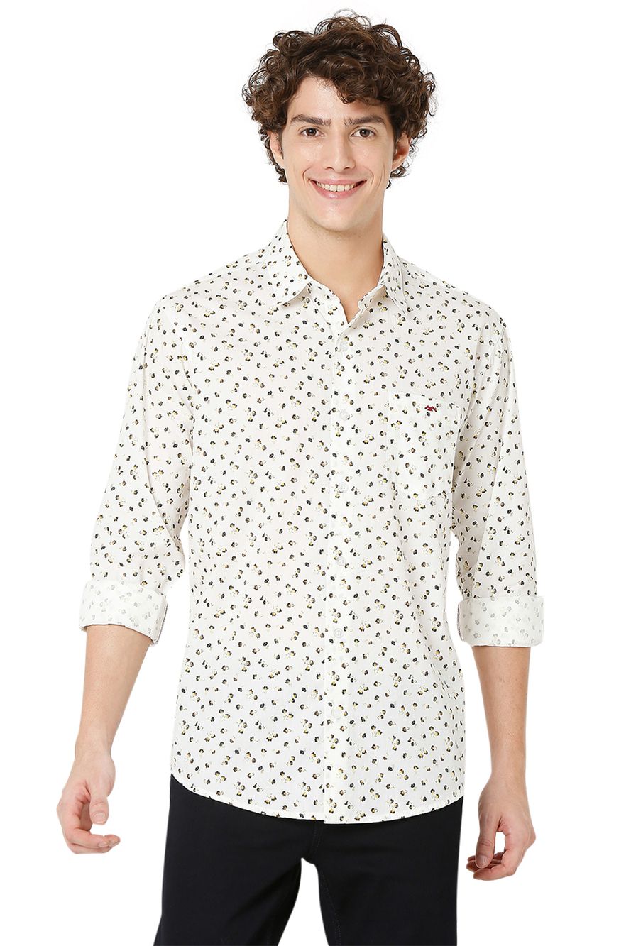 Off White Floral Print Slim Fit Casual Shirt
