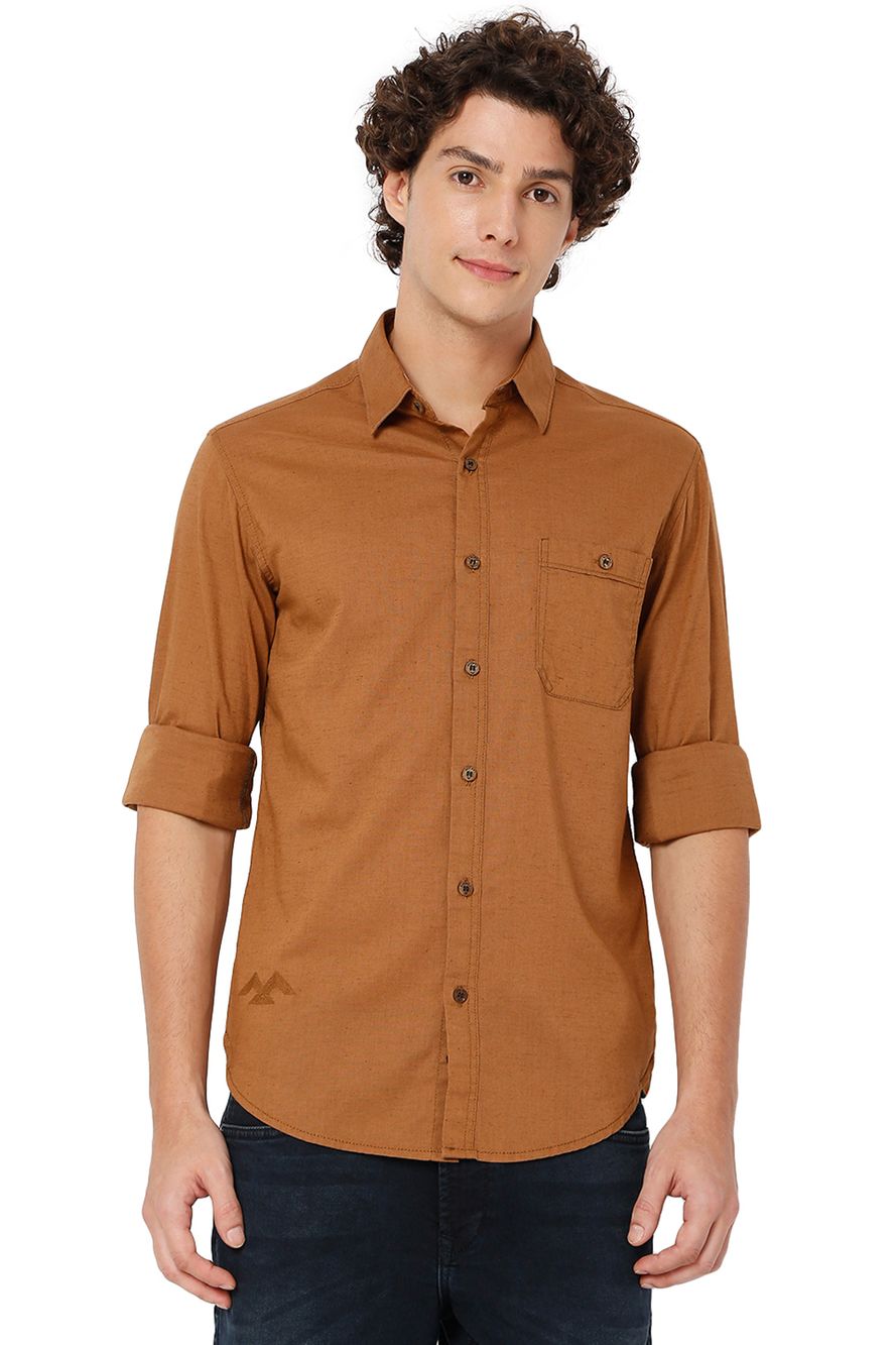 Khaki Cotton Linen Slim Fit Casual Shirt