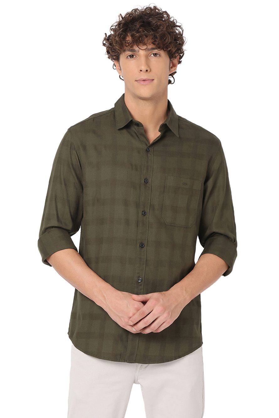 Olive Textured Dobby Slim Fit Casual Shirt