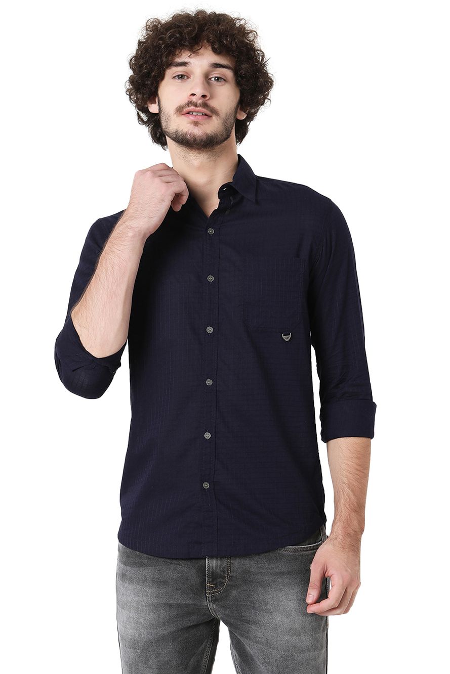 Navy Textured Dobby Slim Fit Casual Shirt