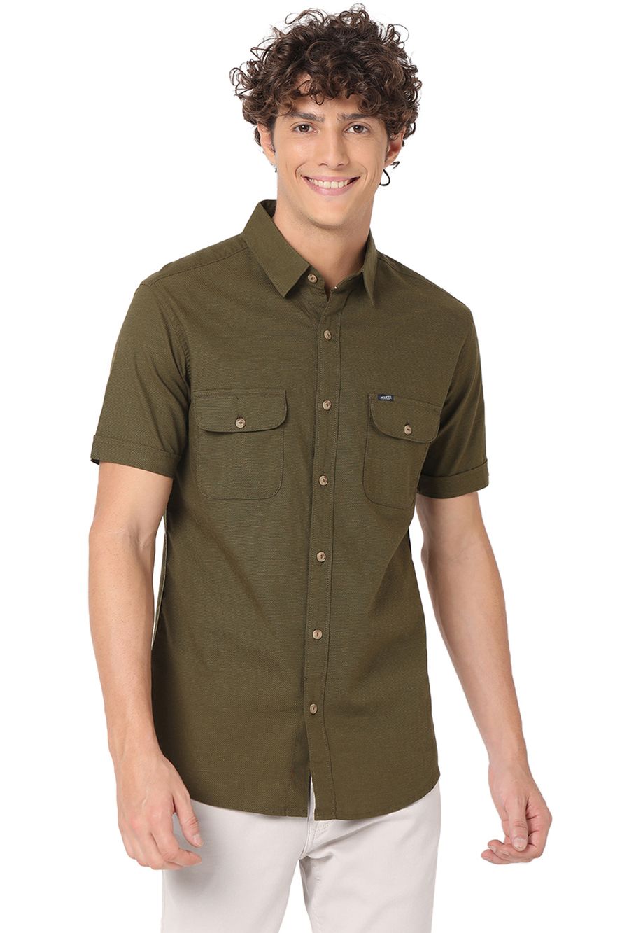 Olive Cotton Linen Military Slim Fit Casual Shirt