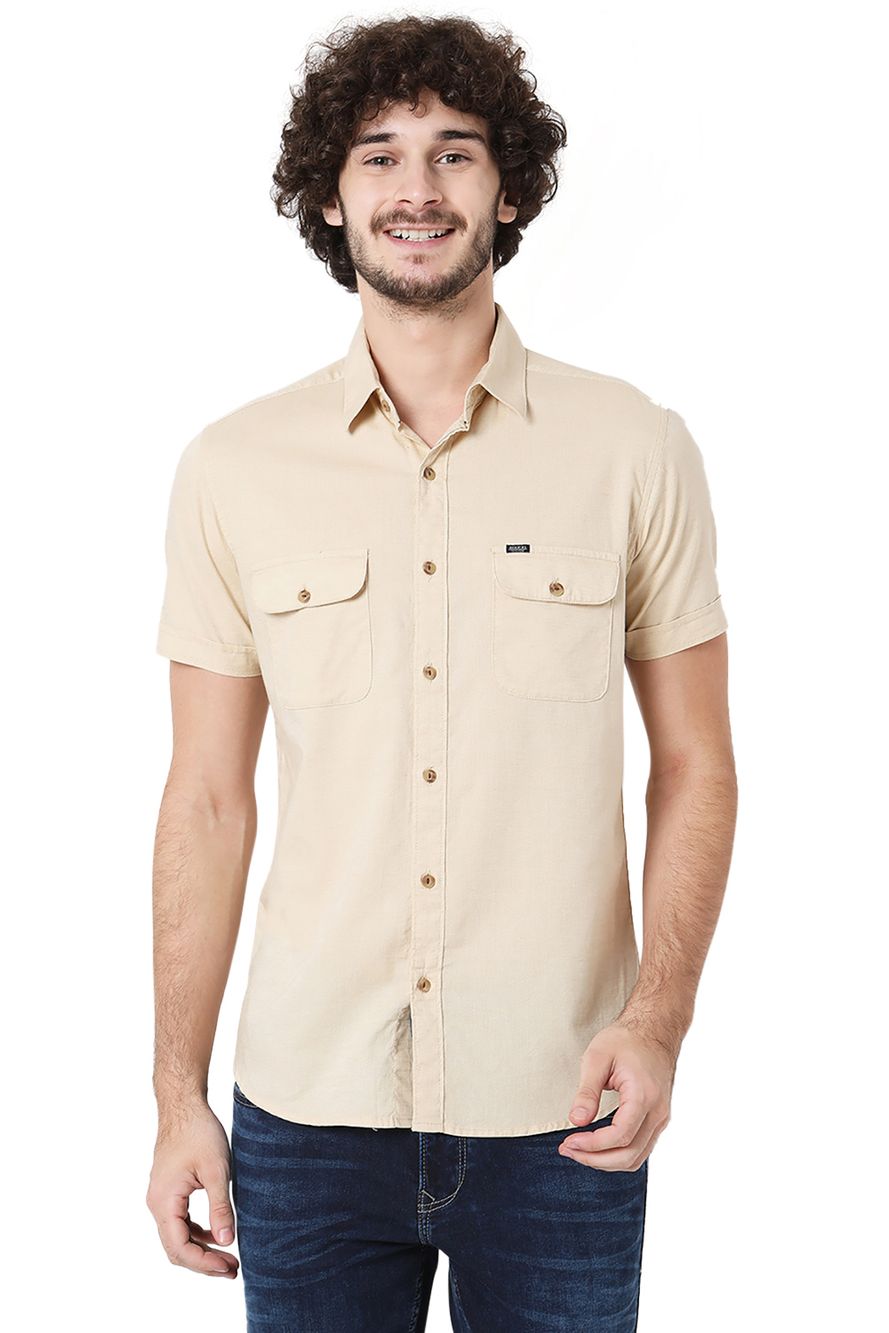 Beige Cotton Linen Military Slim Fit Casual Shirt