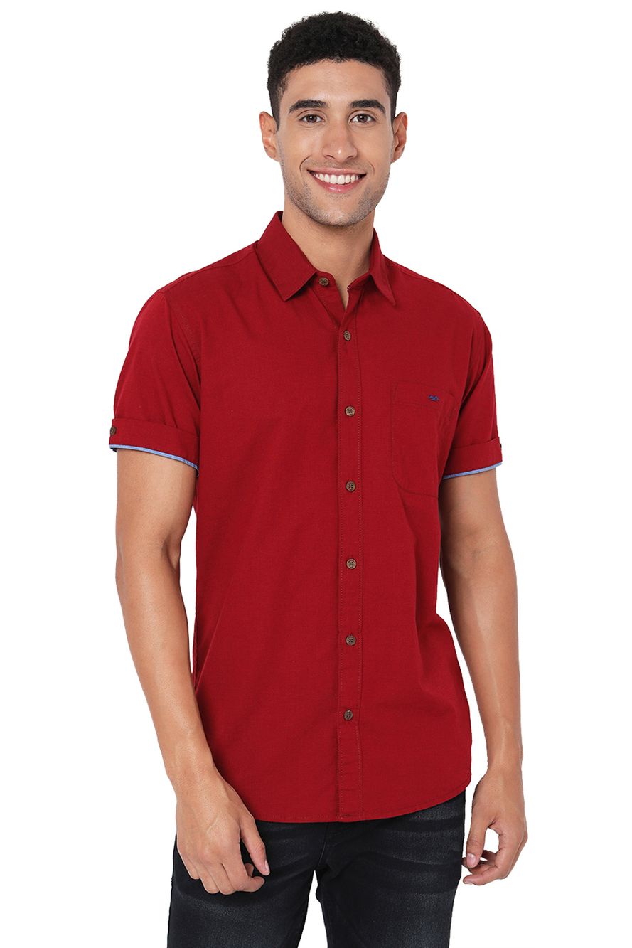 Red Cotton Linen Slim Fit Casual Shirt