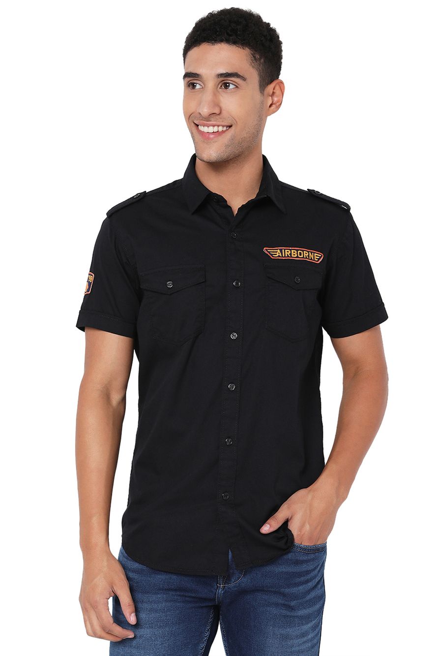 Black Badged Slim Fit Casual Shirt