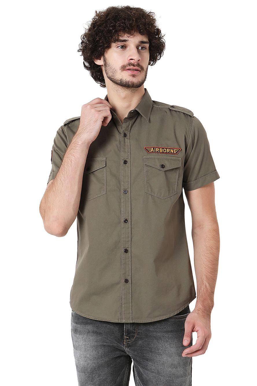 Light Olive Badged Slim Fit Casual Shirt