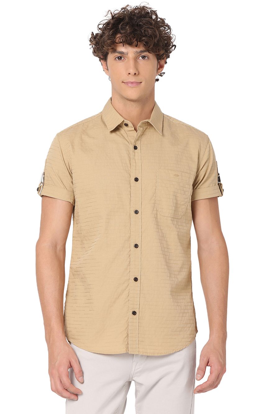 Light Khaki Dobby Slim Fit Casual Shirt