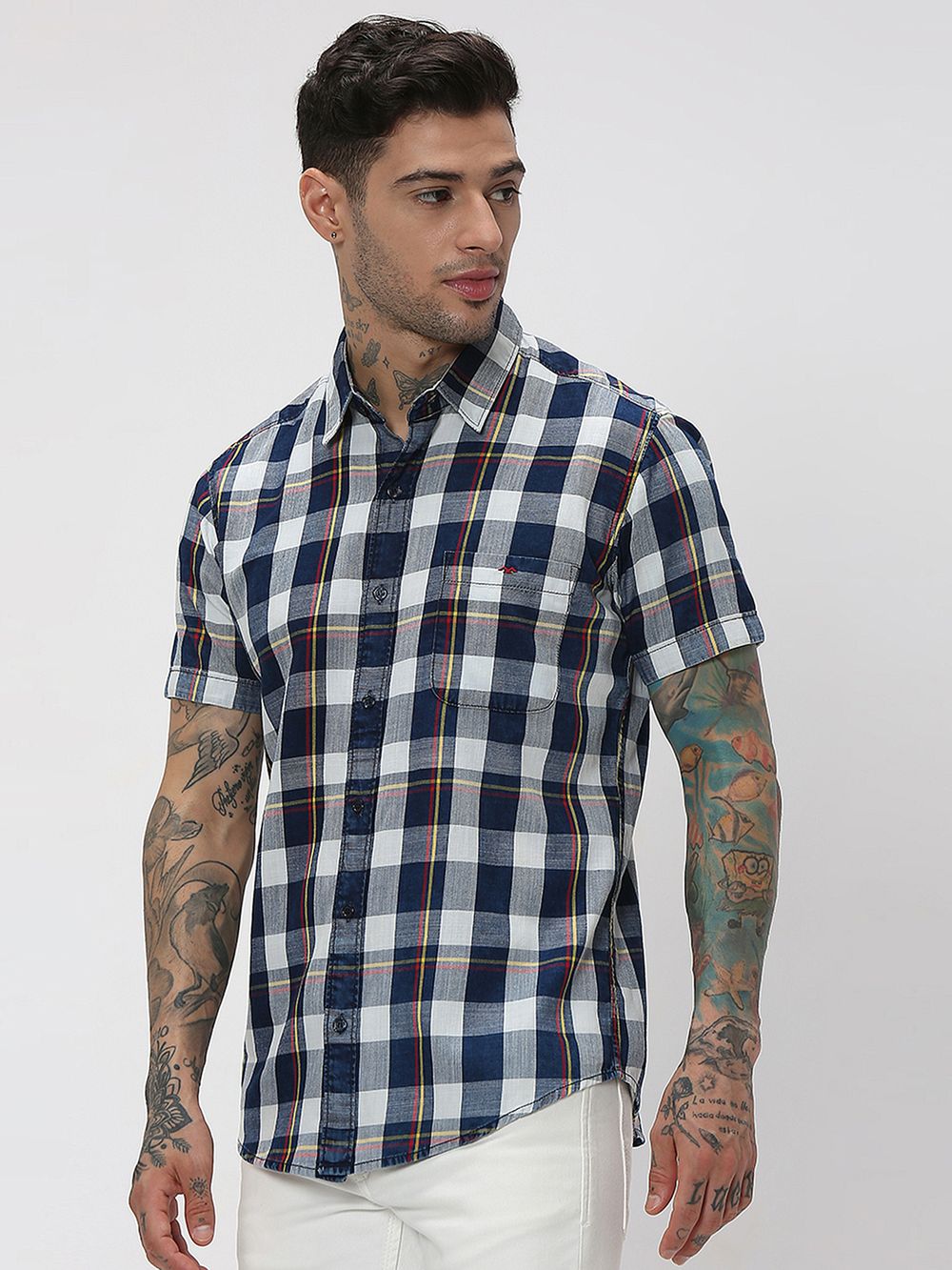 Mid Blue & Red Large Check Slim Fit Casual Shirt