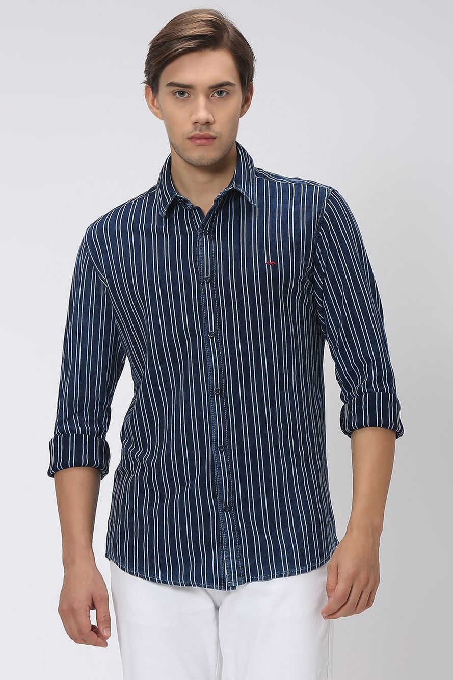 Mid Blue & Off White Pin Stripe Denim Shirt