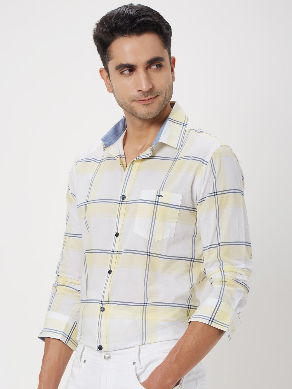 White & Light Yellow Windowpane Check Slim Fit Casual Shirt