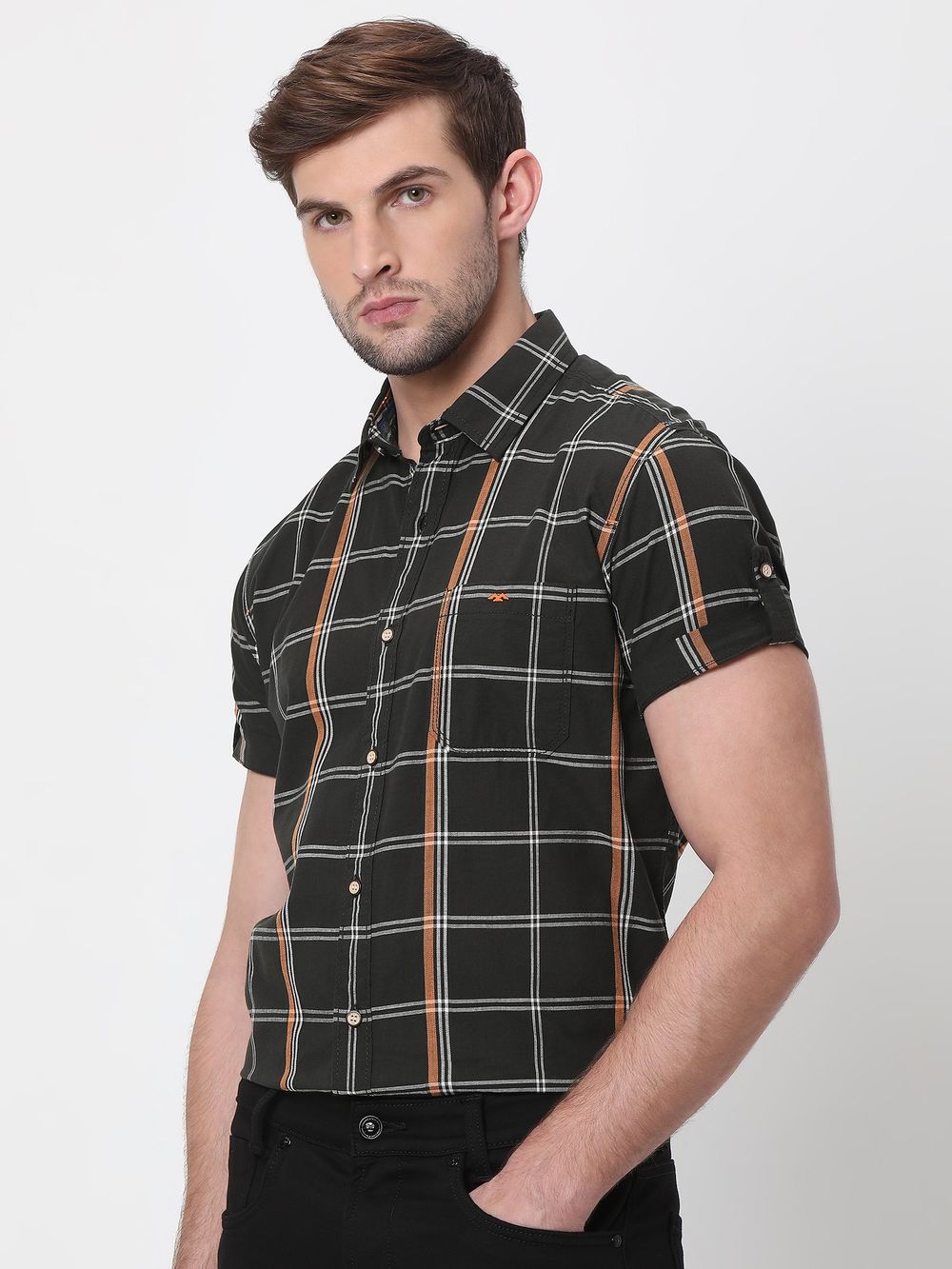 Charcoal & White Large Check Slim Fit Casual Shirt