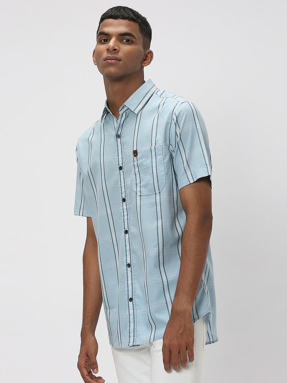 Light Blue & White Large Check Slim Fit Casual Shirt