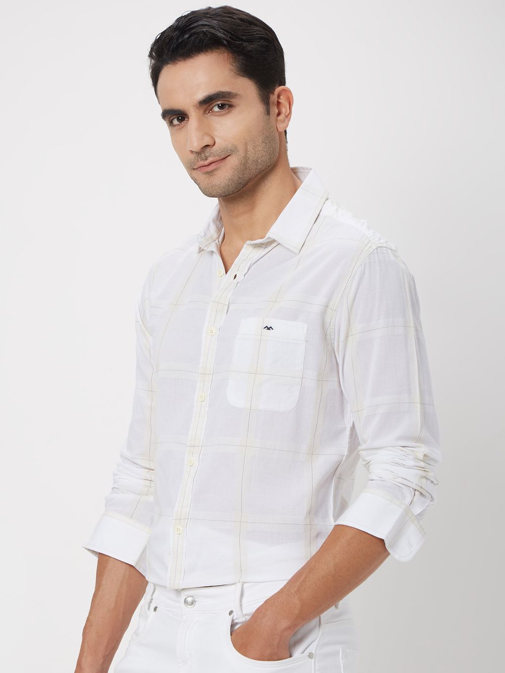 Off White & White Windowpane Check Slim Fit Casual Shirt