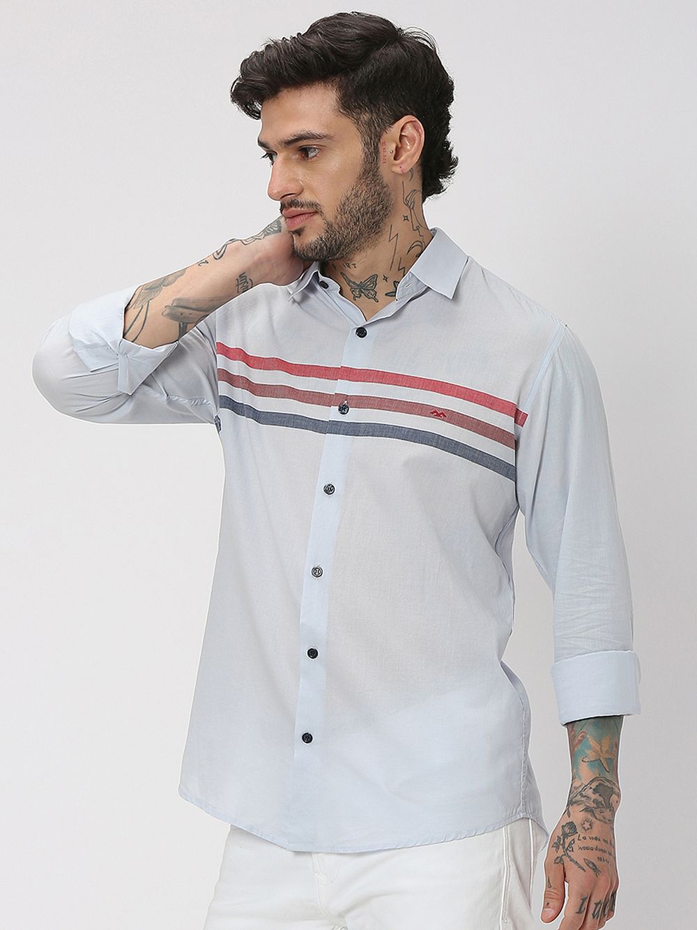 Light Blue & Red Chest Stripe Slim Fit Casual Shirt