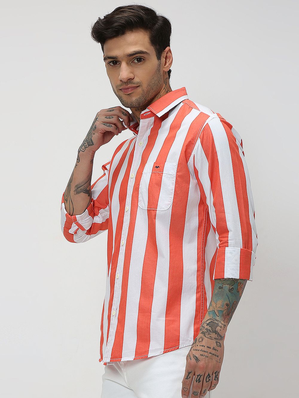 Orange & White Awning Stripe Slim Fit Casual Shirt
