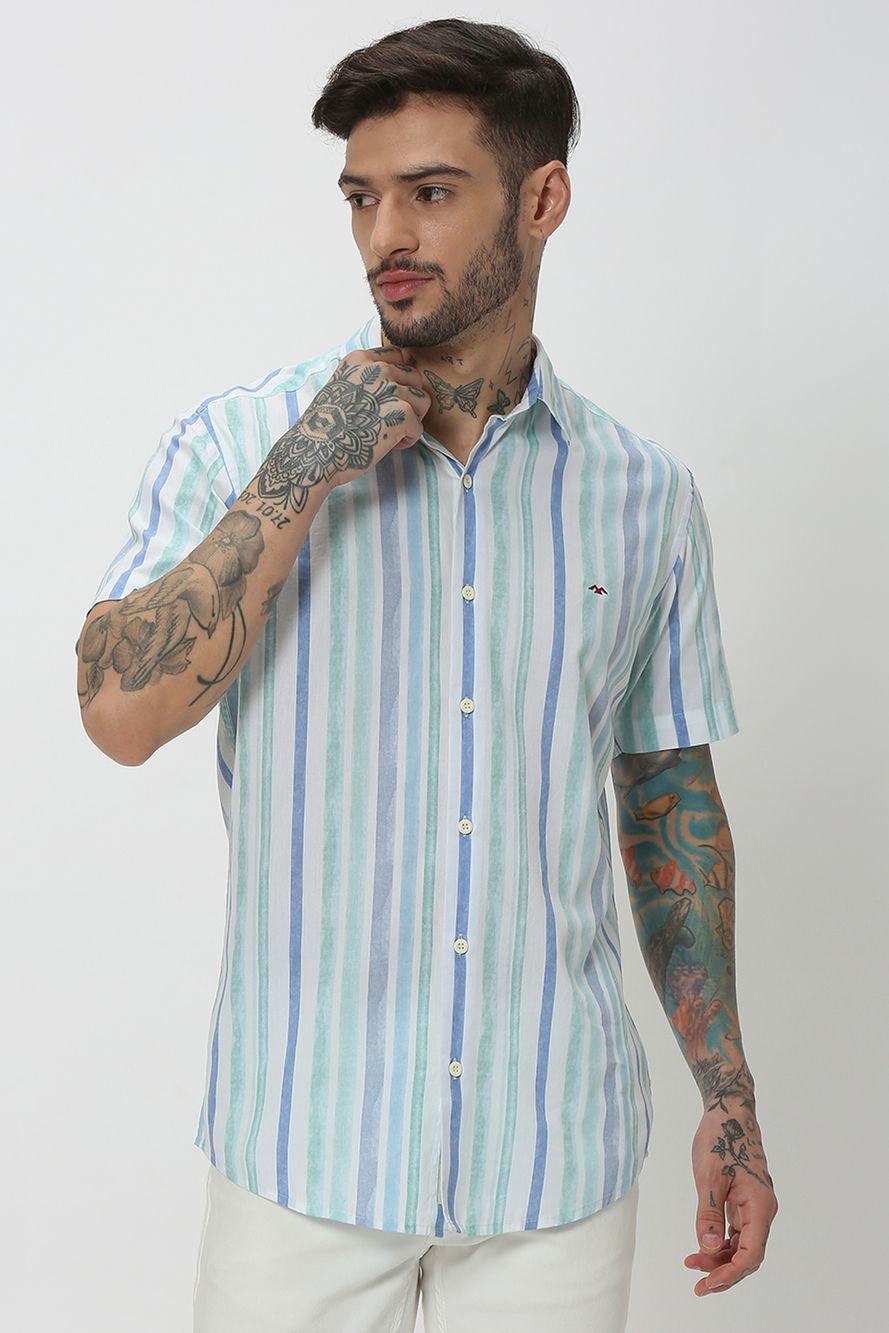Light Green & Blue Printed Stripe Shirt