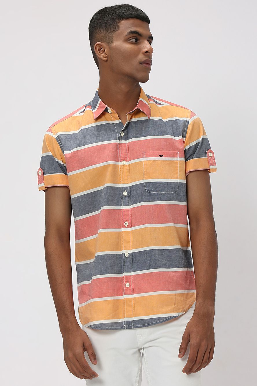 Orange & Blue Stripe Slim Fit Casual Shirt