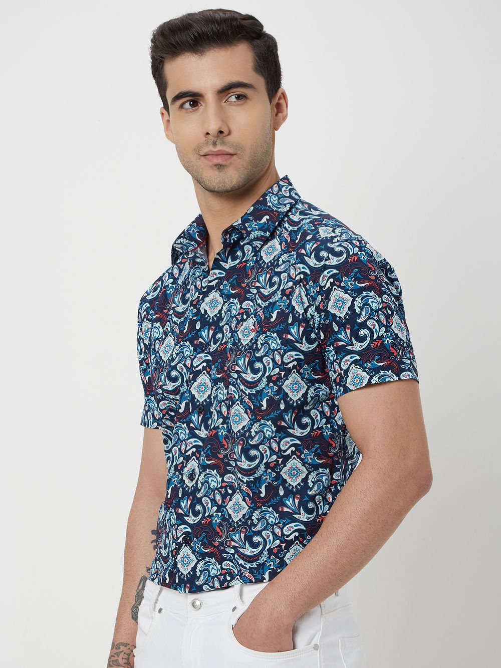 Navy & Multi Digital Print Slim Fit Casual Shirt