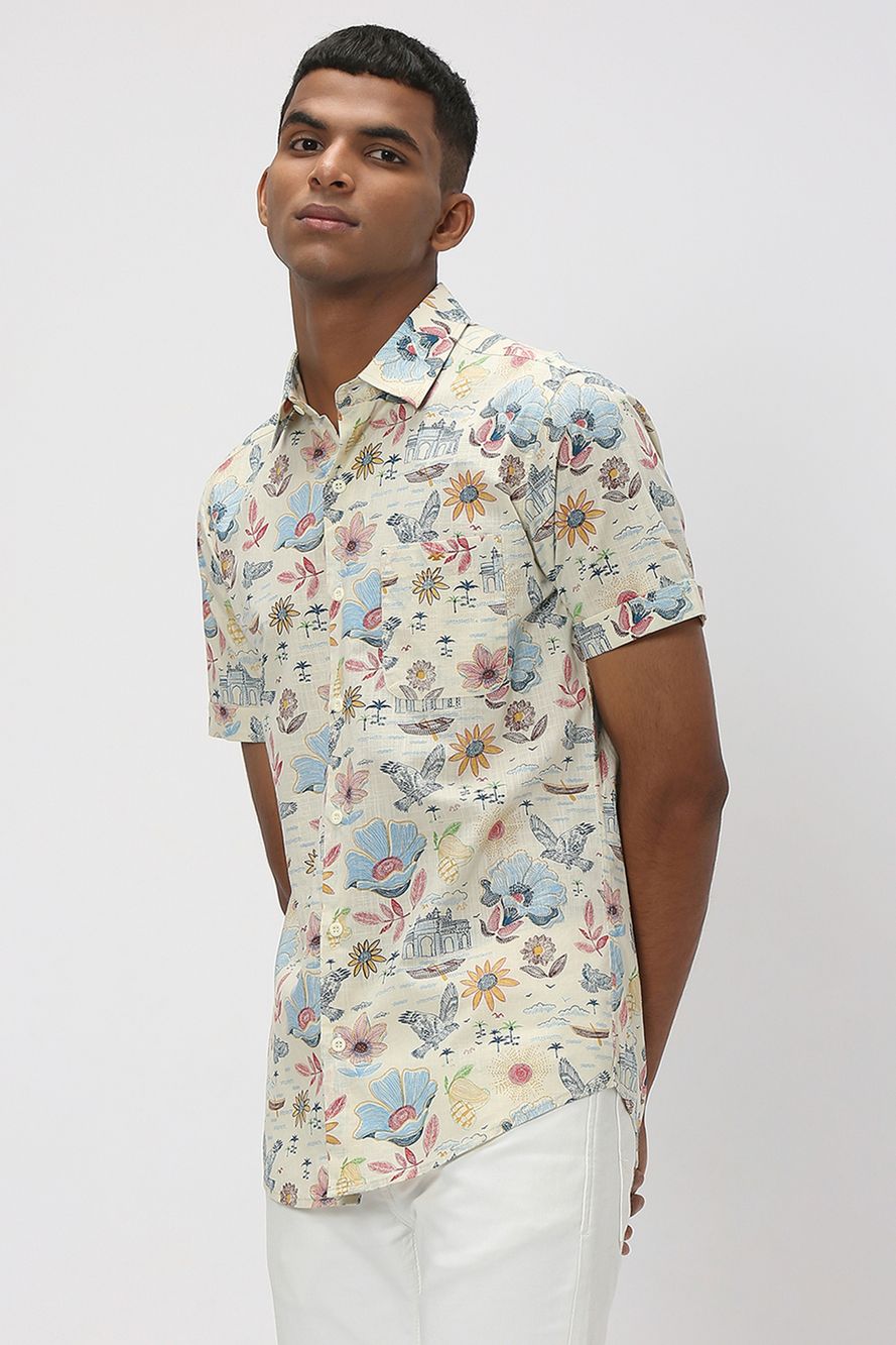 Off White & Multi Tropical Print Slim Fit Casual Shirt