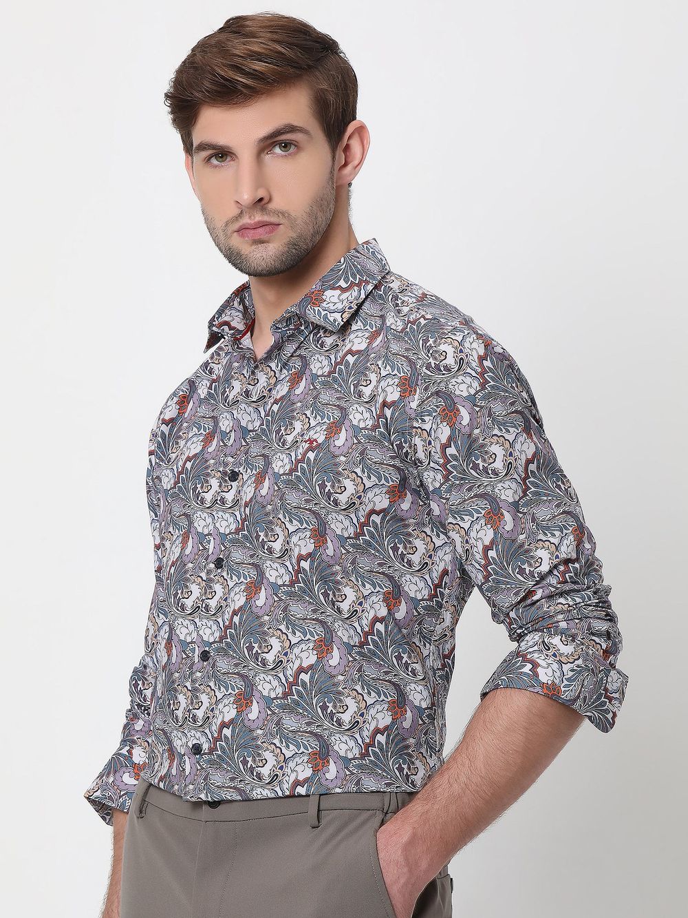 Light Grey & White Digital Print Slim Fit Casual Shirt