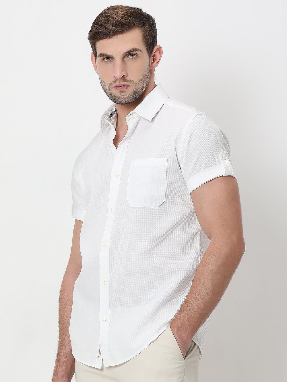 White Textured Slim Fit Casual Shirt