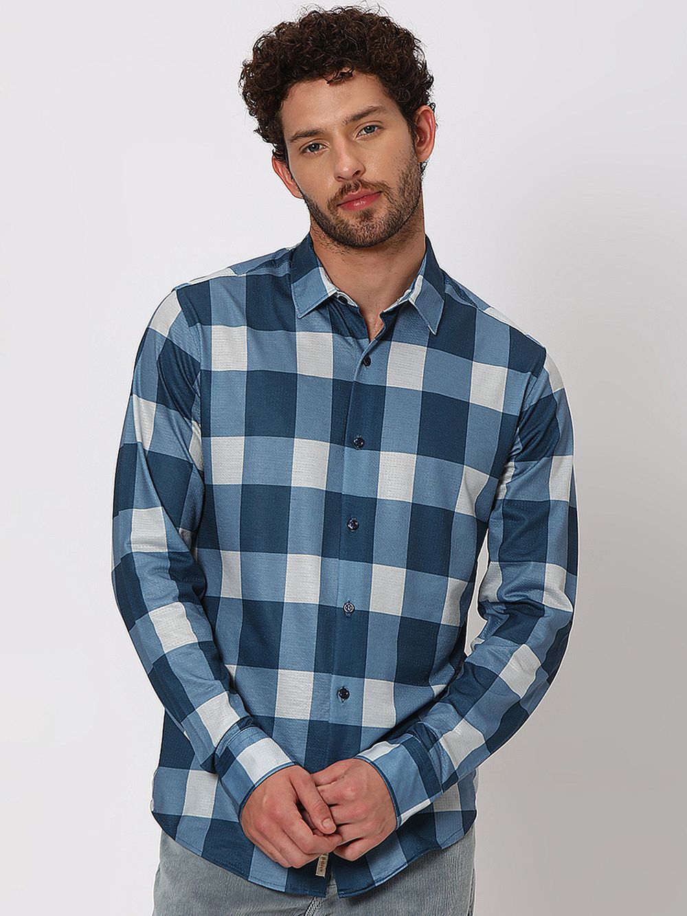 Navy Large Check Lightweight Shirt