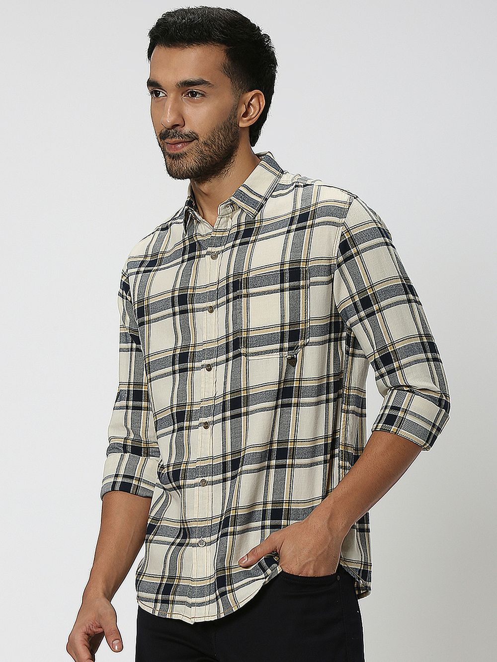 Beige Large Check Shirt