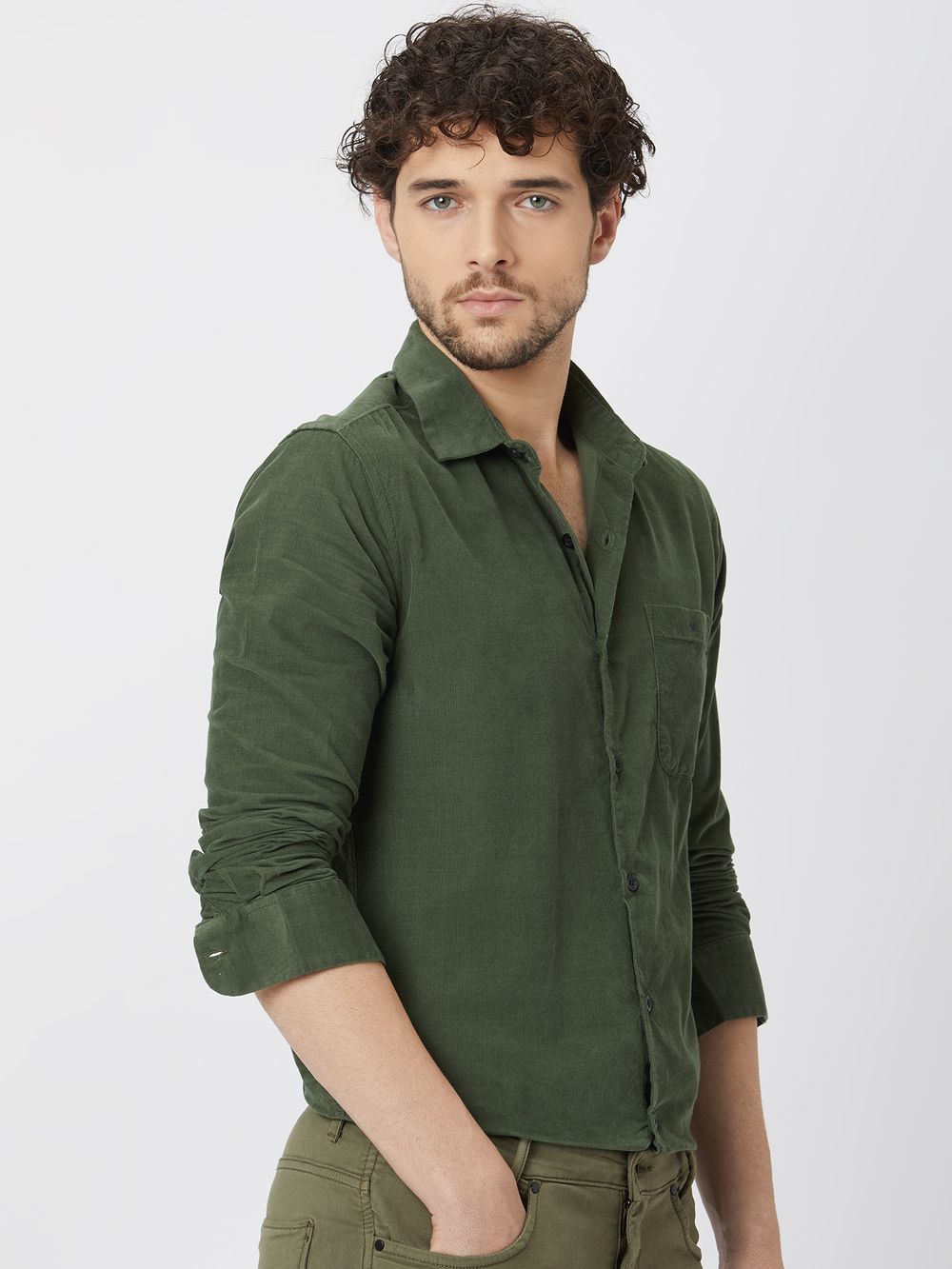 Olive Corduroy Plain Shirt