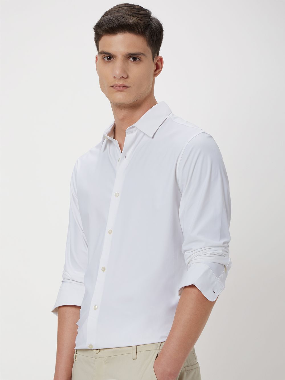 White Knitted Plain Stretch Shirt