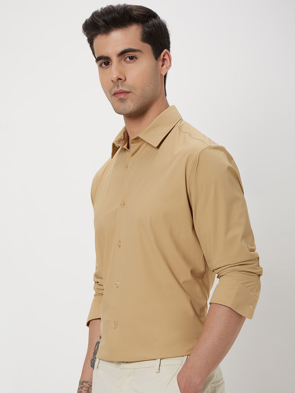 Beige Knitted Plain Stretch Shirt