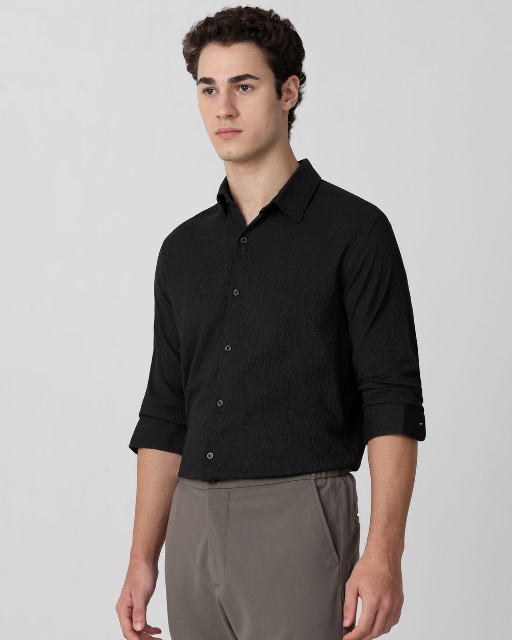 Black Textured Plain Slim Fit Casual Shirt