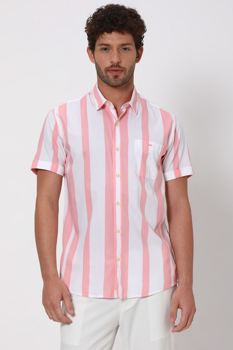 Pink Printed Stripe Slim Fit Casual Shirt