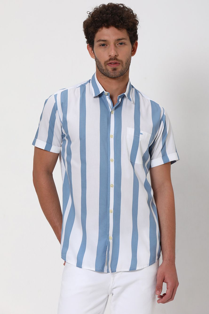 Blue Printed Stripe Slim Fit Casual Shirt