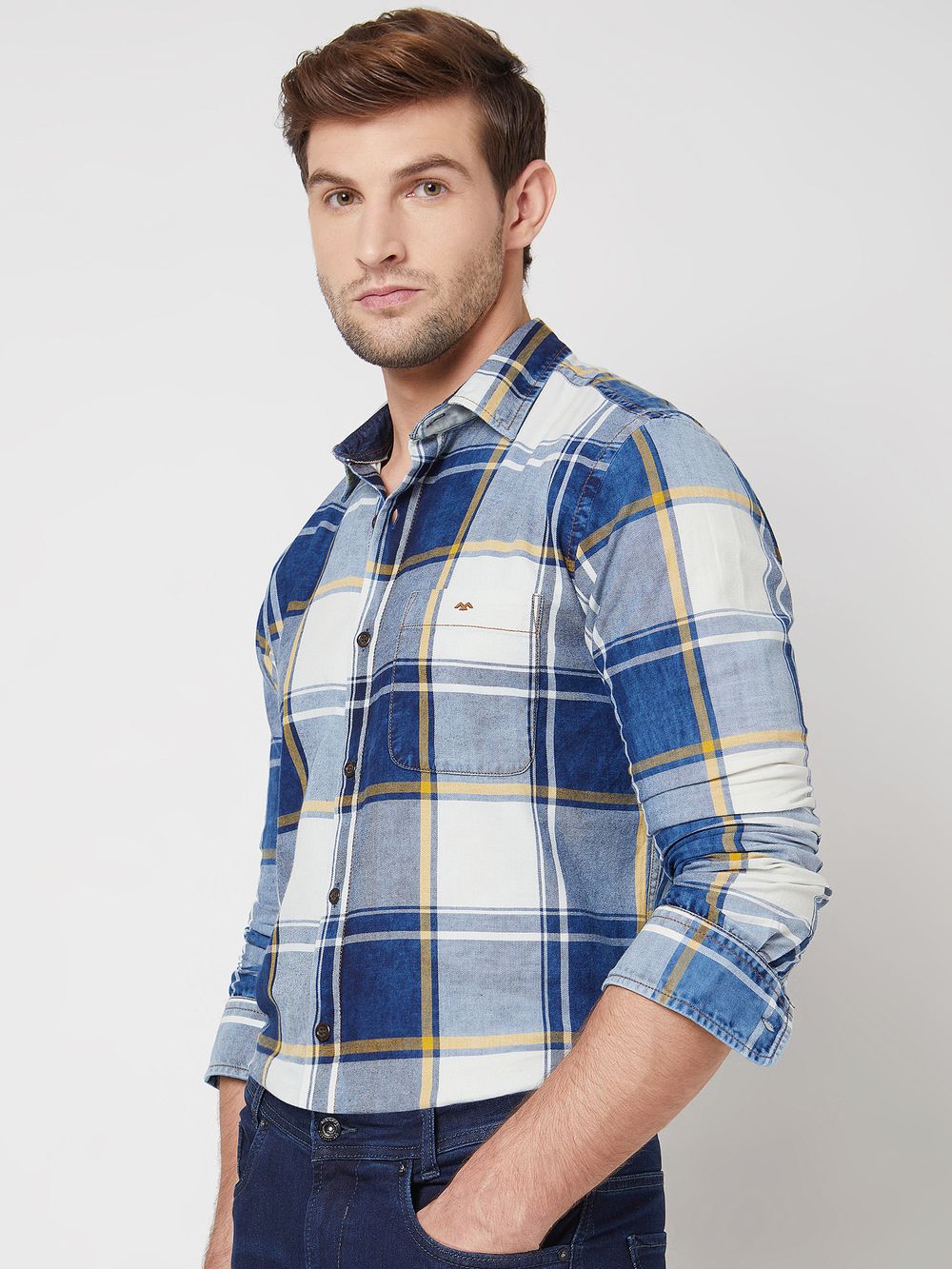 Mid Blue Denim Check Slim Fit Casual Shirt