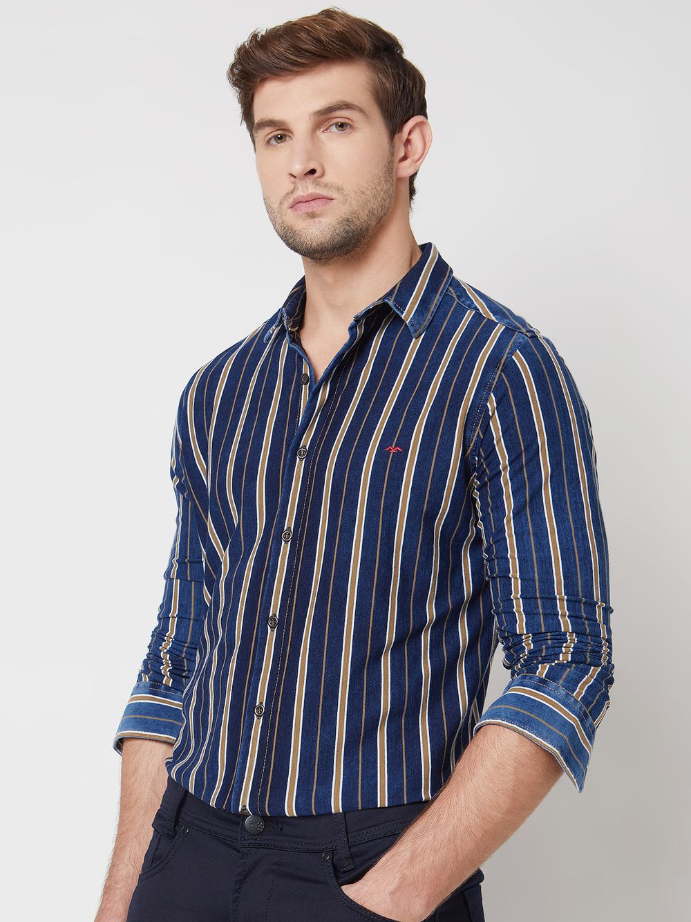 Indigo Blue Knitted Stripe Slim Fit Casual Shirt