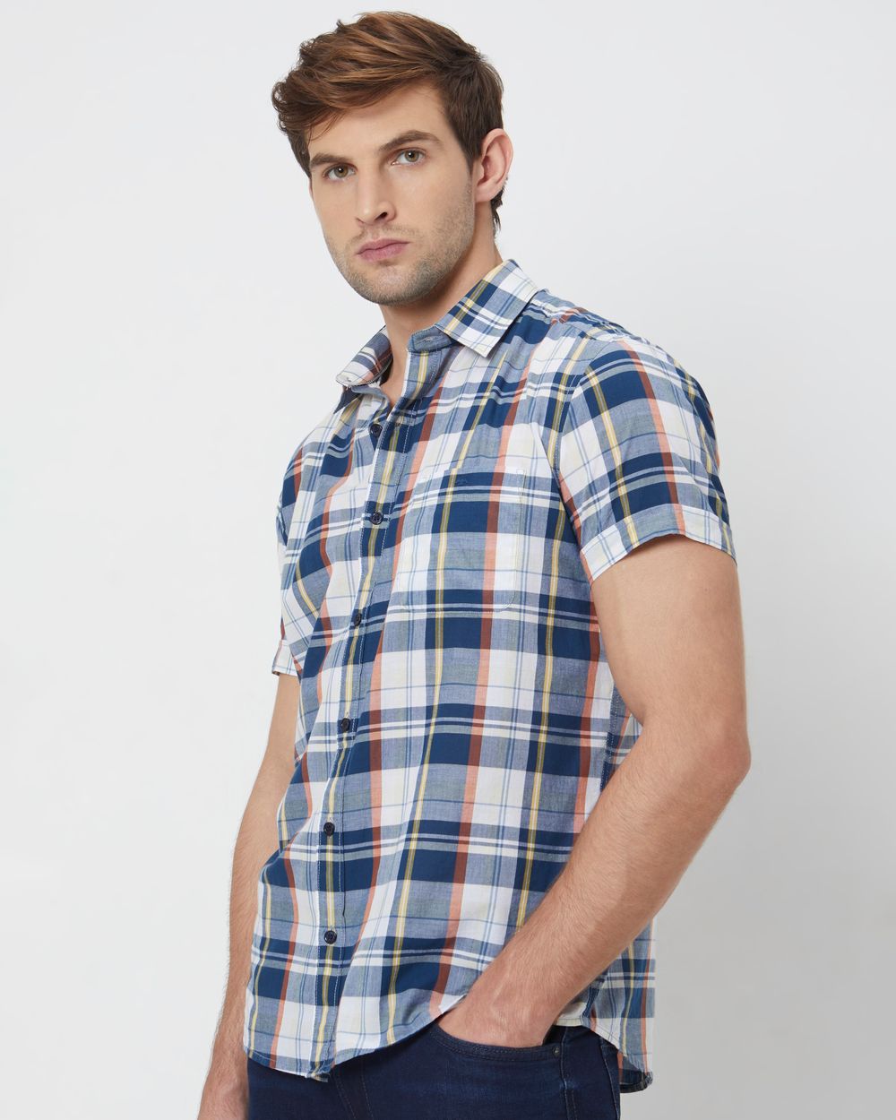 Navy Large Check Slim Fit Casual Shirt