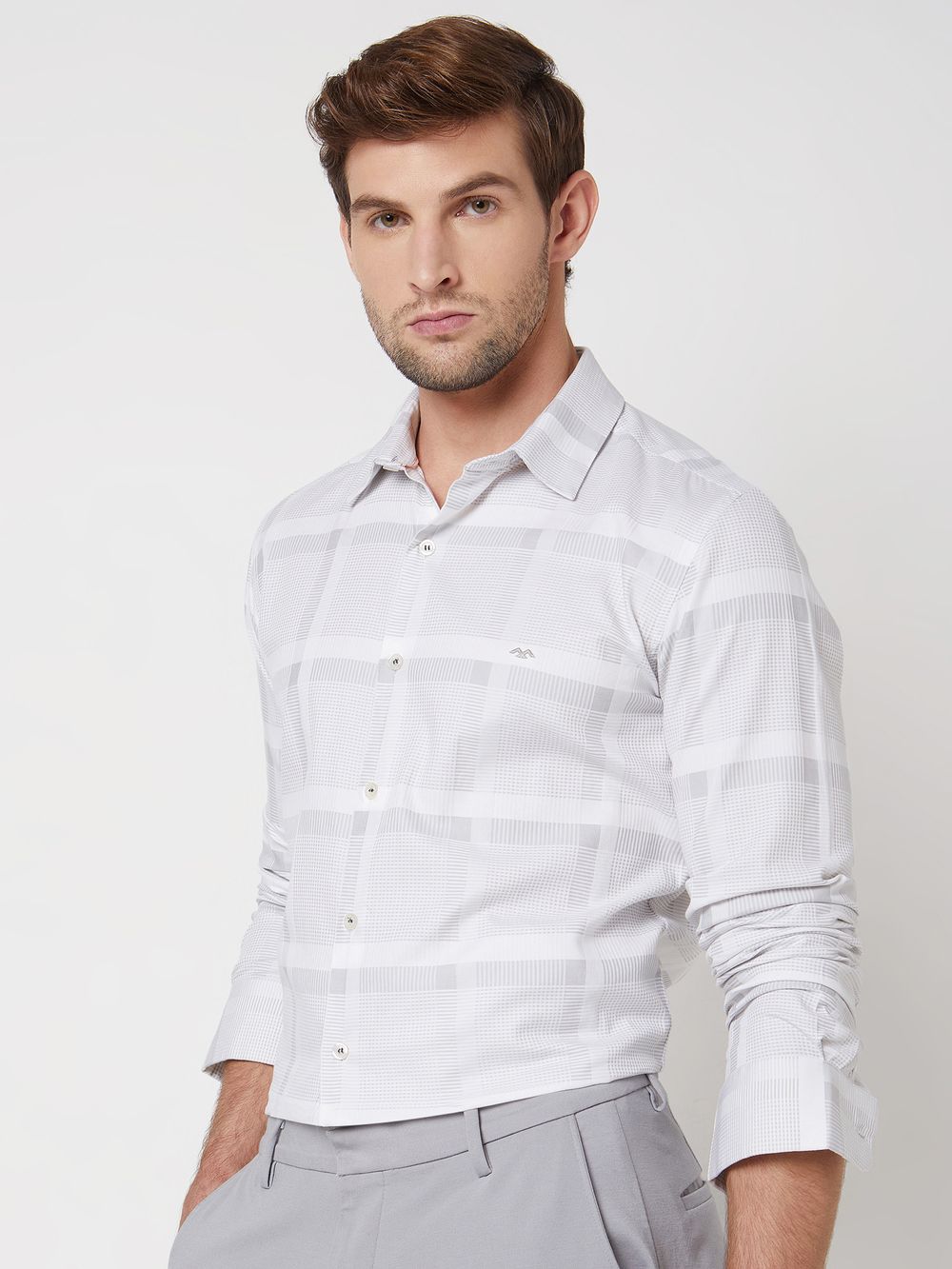 Light Grey Tonal Check Slim Fit Casual Shirt