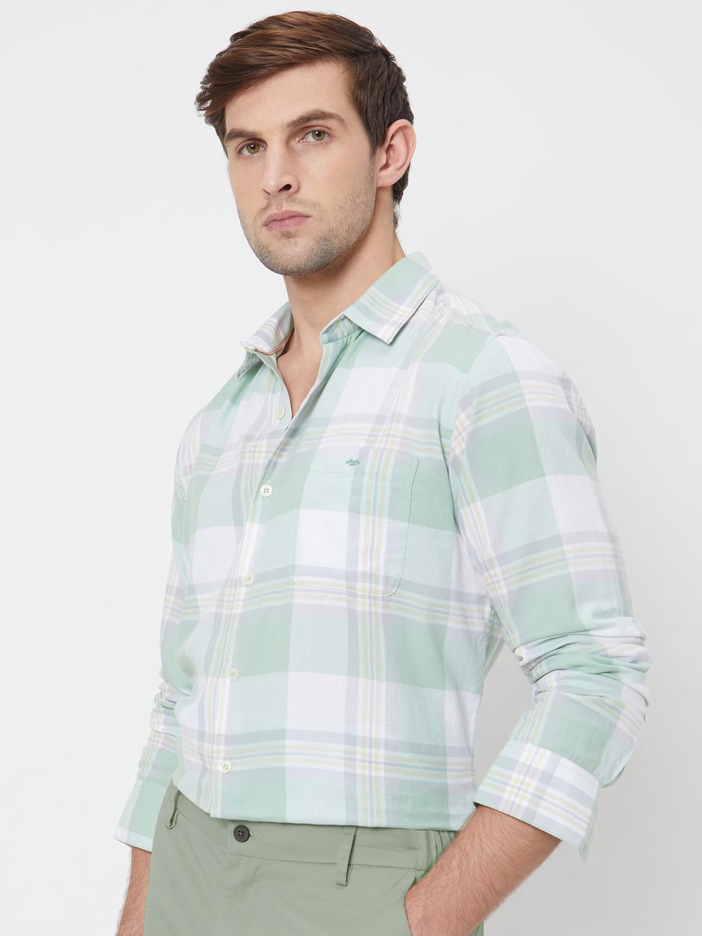 Light Green Large Check Slim Fit Casual Shirt