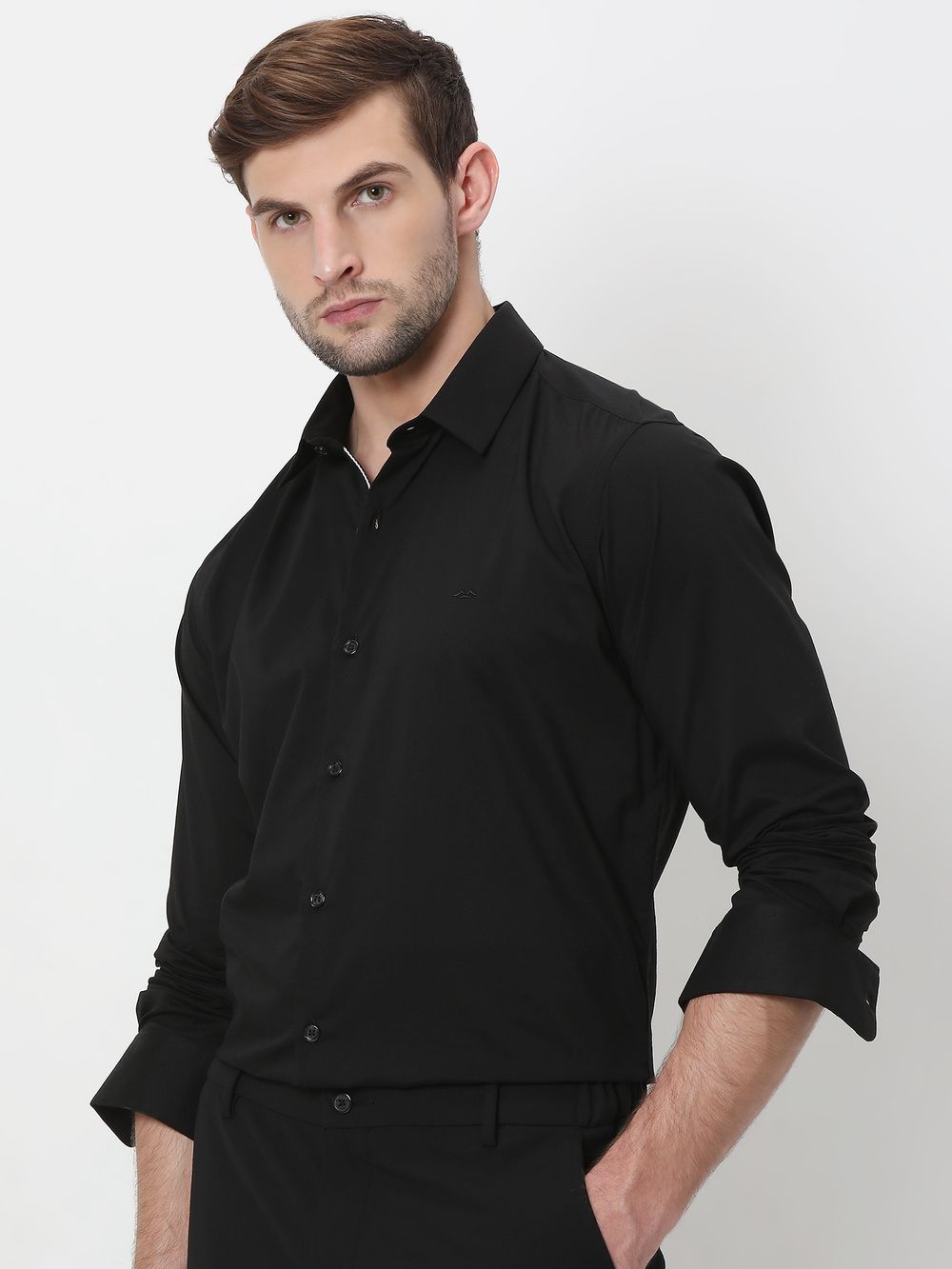 Black Stretch Plain Slim Fit Casual Shirt