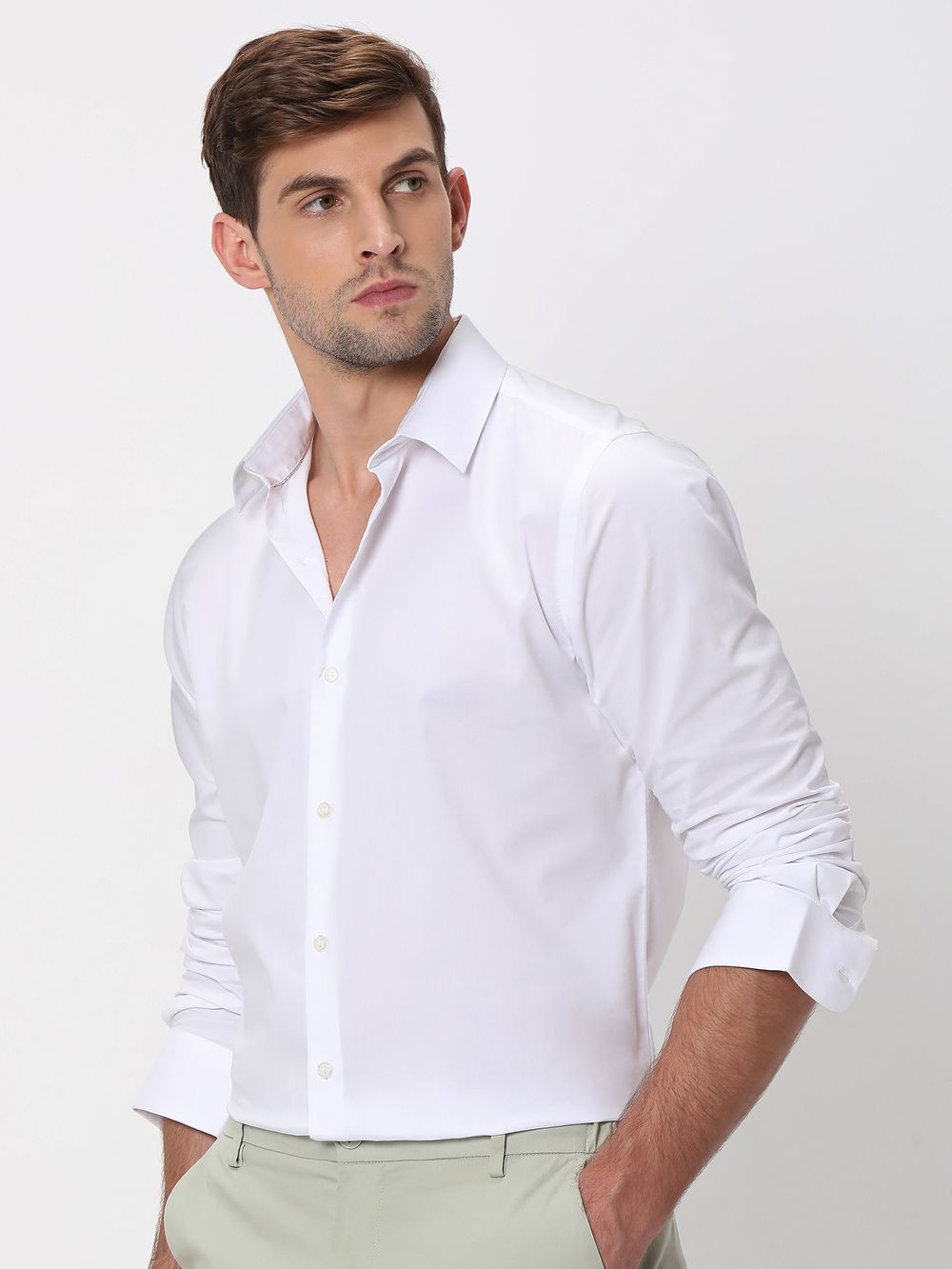 White Stretch Plain Slim Fit Casual Shirt
