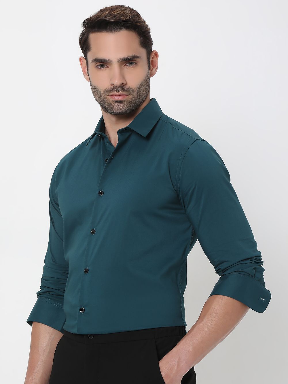 Green Stretch Plain Slim Fit Casual Shirt