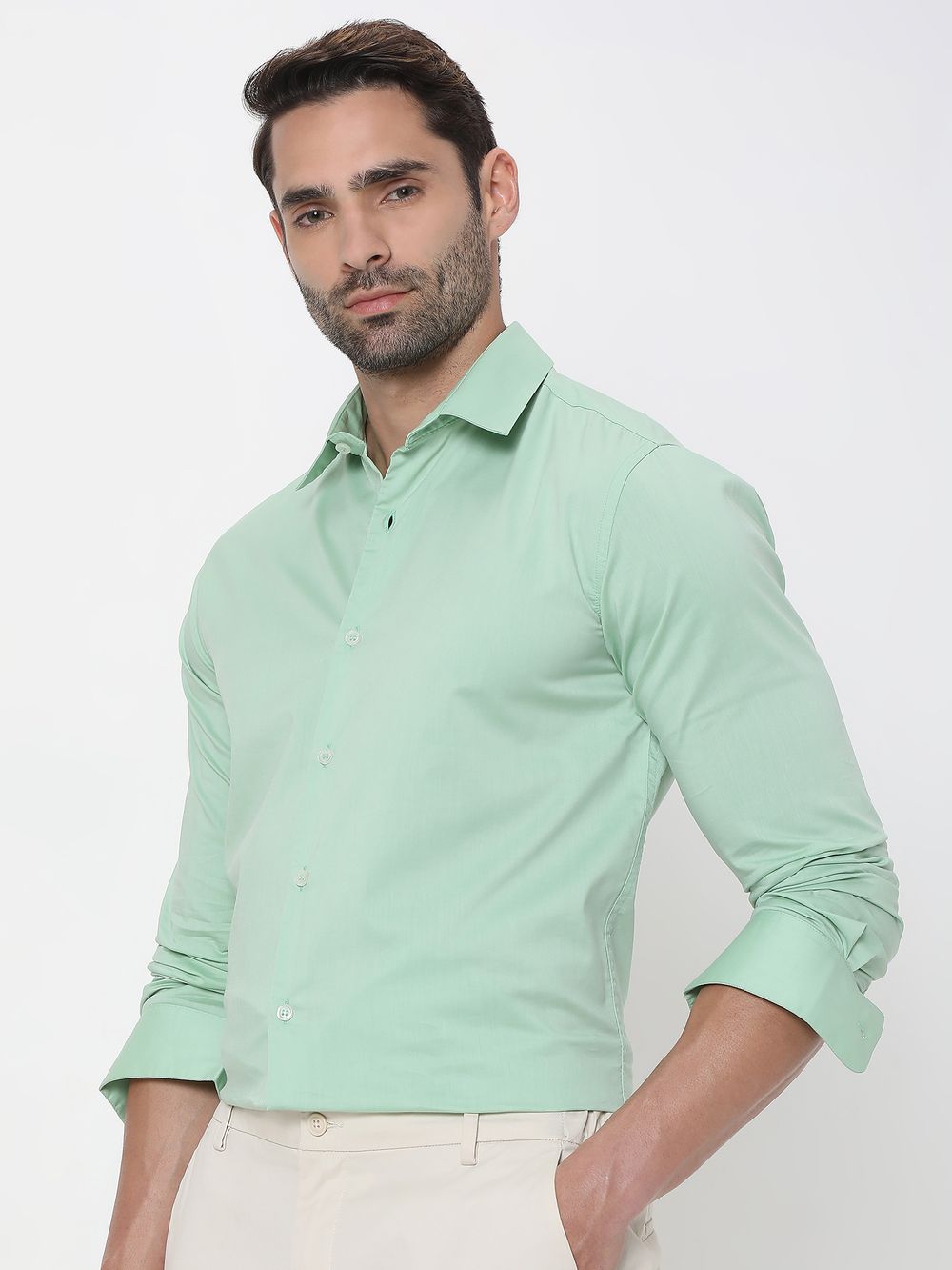 Light Green Stretch Plain Slim Fit Casual Shirt