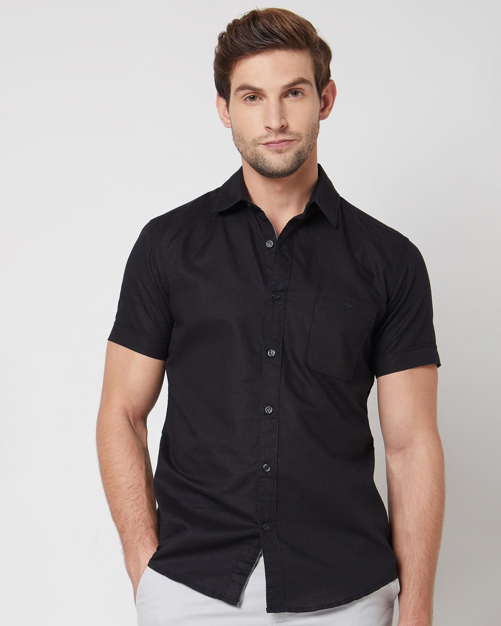 Black Cotton Linen Plain Slim Fit Casual Shirt