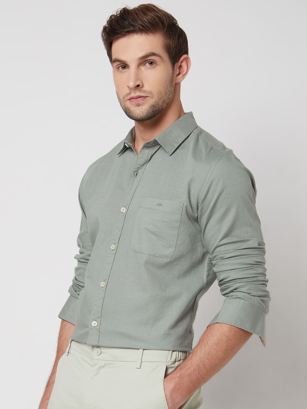 Light Olive Cotton Linen Plain Slim Fit Casual Shirt